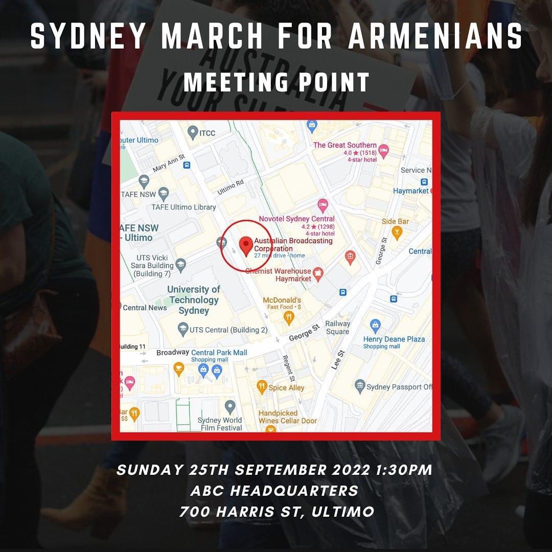 ANCaustralia's tweet photo. 📍 MARCH FOR ARMENIANS STARTING LOCATION 📍

The Sydney March For Armenians will take place on Sunday 25th September at 1:30pm, starting at the ABC Headquarters, 700 Harris Street Ultimo. https://t.co/Q3ruiOnDwR