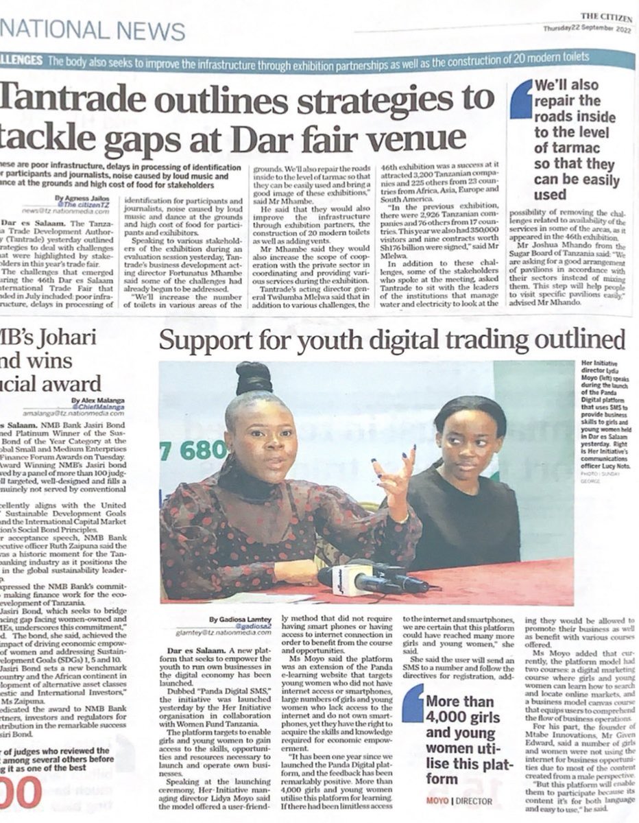 Lydiacharles_'s tweet photo. Grab the @TheCitizenTz today and read more on Panda Digital E - learning SMS @pandadigitaltz for young women business skills development without an internet or a smartphone.
Send word SAJILI to +255 767 680 463
#Jiongezekidigitali
#UjuziBilaData https://t.co/BlTdGyr1Hc