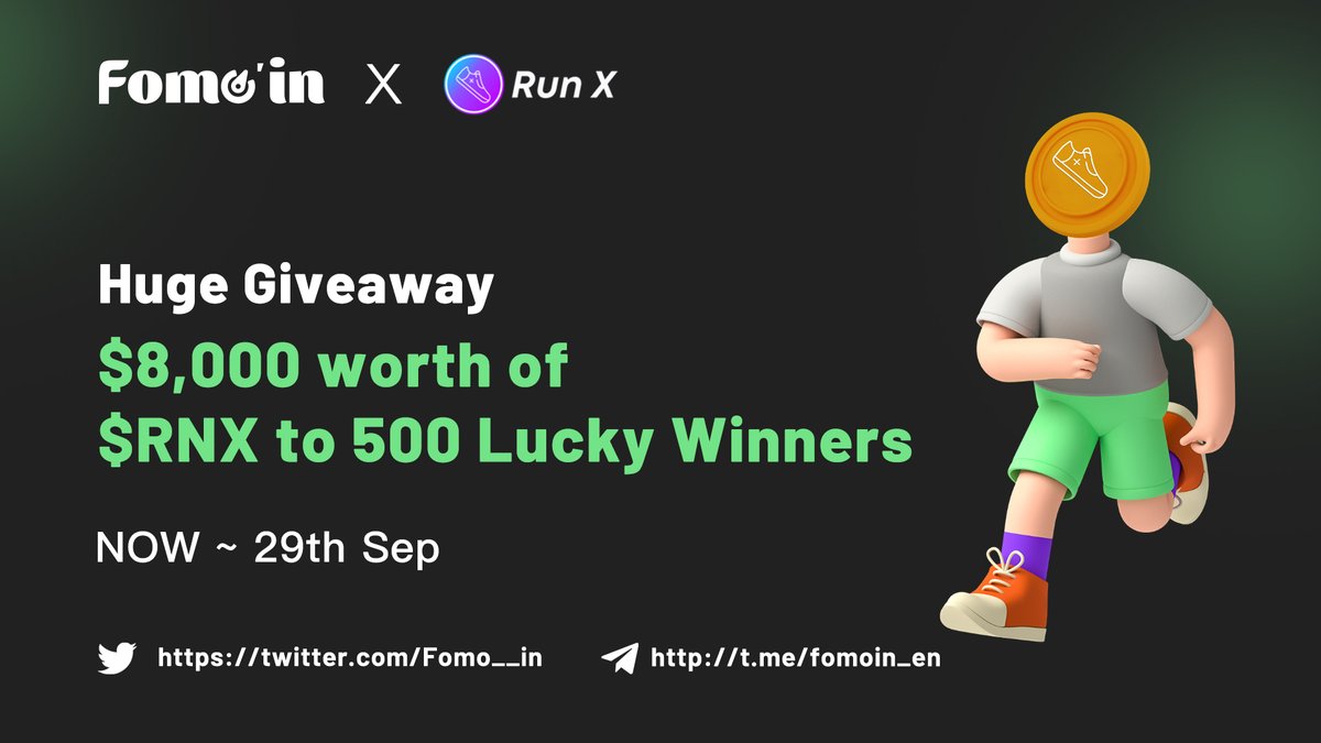 👏🏻#Fomoin ✖️@runxofficial Huge #Giveaway 🪂

🎁 $8,000 worth of $RNX to 500 Lucky Winners (each winners get 400 $RNX)

✅ RT+💕+Tag 3
✅ Follow <a href="/Fomo__in/">Fomoin</a> &amp; @runxofficial 
✅Complete all tasks! Here you go⏭️ fomoin.finance/#/airdrop-deta…

#BSC #Airdrops #Giveaways #NFTGiveaway #Airdrop