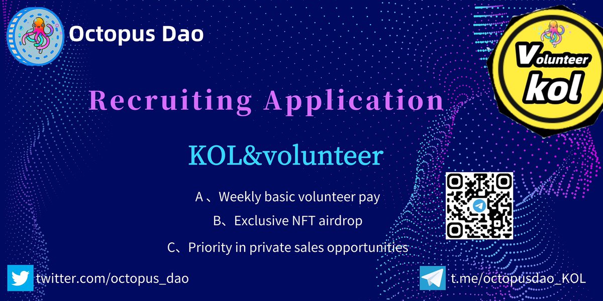 octopus_dao's tweet photo. Octopudao Volunteer Recruitment Plan🏖

✅OCTO token reward worth $200 per week

✅Access to private placements

✅Exclusive NFT #Giveaway airdrop

Application form👉

https://t.co/wVyfSeHQ1z https://t.co/AfMjJtxpfb