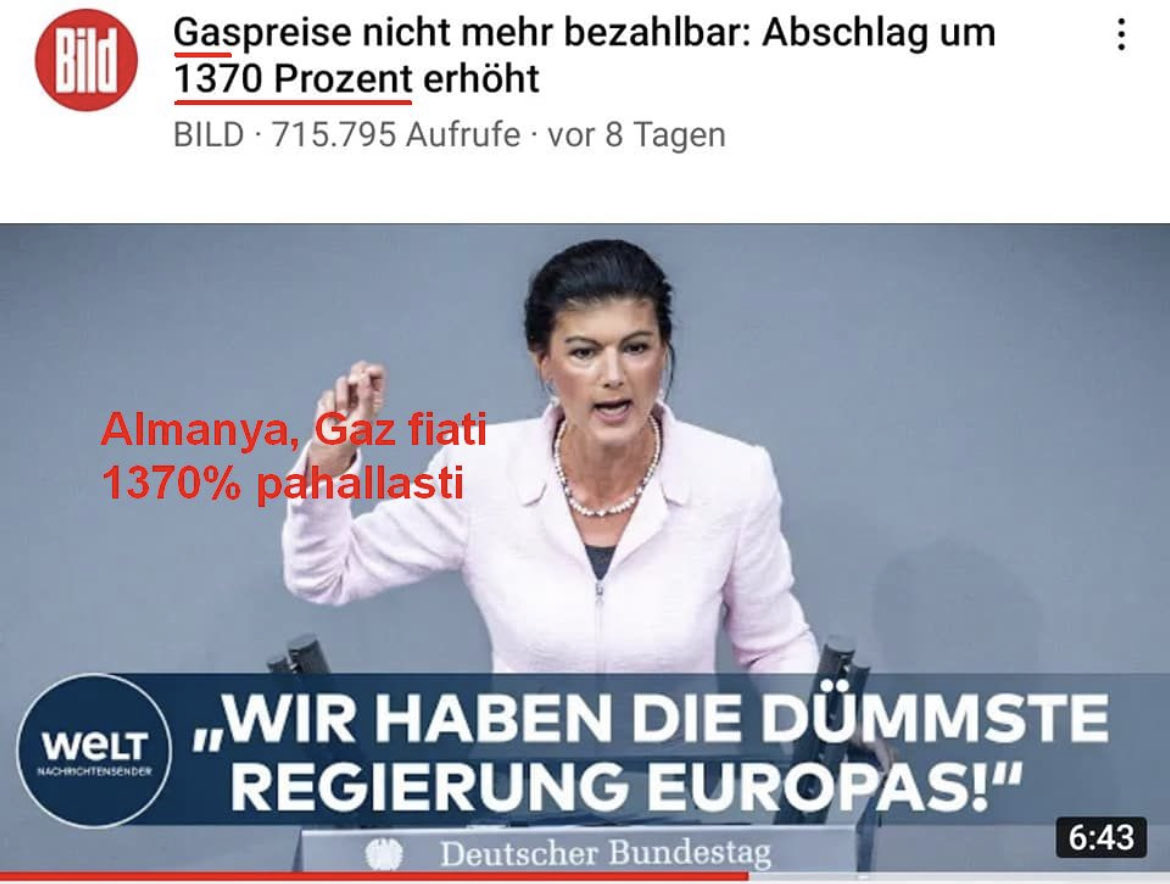 Türkiye’de açıklanan enflasyon rakamına inanmaz….

1 Megawatt elektriğin 1 yılda 50,92 Avrodan, 748,40 Avroya yükseldiği, doğalgaz fiyatlarının 10’a katladığı Almanya’da enflasyonun %8 olduğuna inanır. 
Hadi troller saldırın şimdi.
Ama dünya yine de dönüyor.