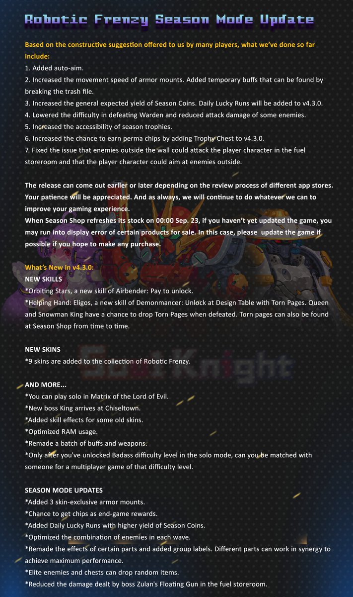 ChillyRoom's tweet photo. The #autumnupdate v4.3.0 will soon be released. Besides creating new content, we’ve made efforts to optimize the new season mode ever since it was first introduced to #SoulKnight. For more information on what has been added to and changed in v4.3.0, please take a look at👇 https://t.co/OdQdfhDm0B