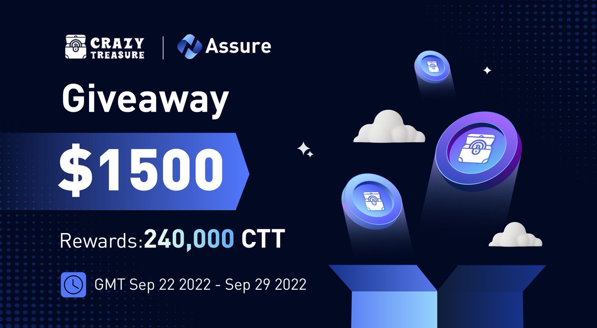 📣#AssureJointAirdrop 

🎉#Assure &amp; Crazy Treasure Joint #Airdrop
🎁240,000 $CTT  (worth $1500) / 300 winners)
⏰Sep 22 -Sep 29, 2022, UTC

💥Join Now
✅Follow <a href="/Assure_pro/">AScoin Wallet</a> &amp; <a href="/crazytreasure_/">Crazy Treasure</a>
✅Fill &amp; Join reurl.cc/MNoOK4
✅RT + @ 3 

#cryptocurrency #Airdrops #Giveaway