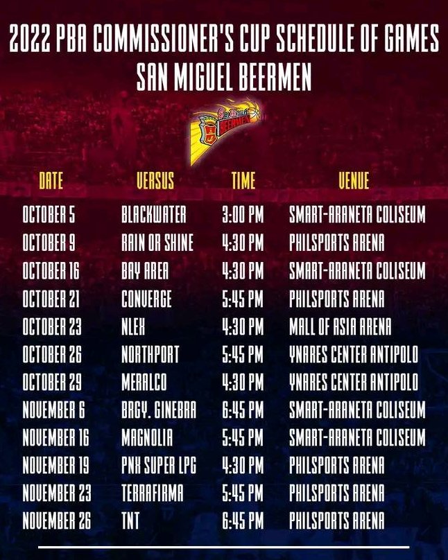 smbnationph's tweet photo. Official Line-up — Schedules PBA Commissioner's Cup 🍻 #SanMiguelBeermen #FearTheBeer #SMB #SMBnation #PBA https://t.co/oMNvJscNzN