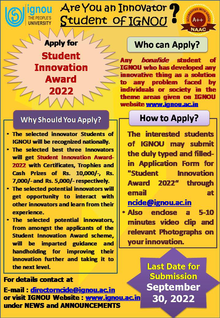 RCCHENNAI1's tweet photo. 👉Dear @OfficialIGNOU Students,
👉Entries are invited from #IGNOU students for the Student Innovation Award-2022
👉Application and Guidelines can be downloaded from the link: https://t.co/8DM20Z4amA
👉Good Opportunity for Innovative Students of IGNOU to get nationally recognized. https://t.co/gUvJNK5UMF