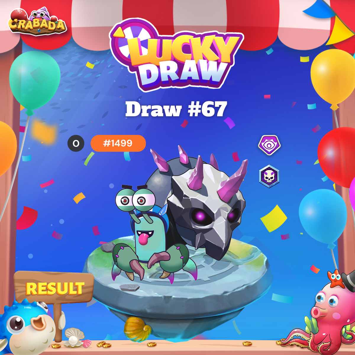 Draw #67 has ended with a total of 505 entries!

CONGRATS TO THE WINNER!🦀🥳
🎟️#164

It's time to get lucky with Daily Crabada Draw #68!🍀✨
JOIN NOW👉staking.crabada.com/lucky-draw