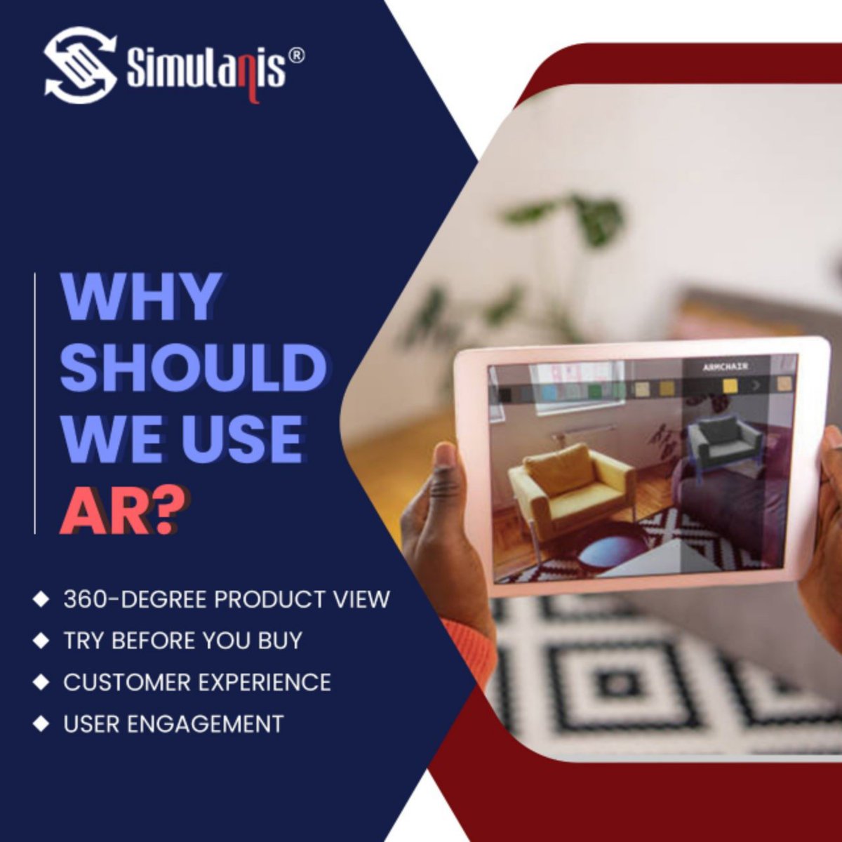 Simulanis's tweet photo. Augmented Reality(AR) overlays 3D virtual objects and environments in the real world, helping the user to view and interact with the product even before it is purchased/built. Experience the AR world with Simulanis.
Know more, visit https://t.co/rJehWuUdGr 
#simulanis #AR #VR #MR https://t.co/AYAsyYrwBv