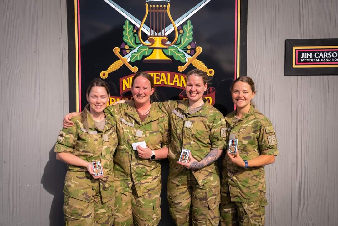 NZArmyBand's tweet photo. On Tuesday three of our soldiers were awarded the New Zealand Defence Force Service Medal. Congratulations to PTE Shannelee Etches, PTE Kaitlyn Brindley and PTE Aishah Leitner. Additionally, PTE Lisa Crawley was presented the Territorial Clasp. Congratulations Lisa.

#NZarmyband https://t.co/o3xZ8ZZwAh