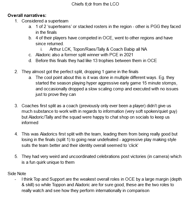 RustyLoL's tweet photo. I originally threw this document together very briefly as a cheat sheet for anyone, casters or otherwise, who reached out to me to ask about The Chiefs at Worlds -

But I've decided I will post it here as well, so if I've missed anything or you want to add contribute - you can. https://t.co/g7yOLfBhaB