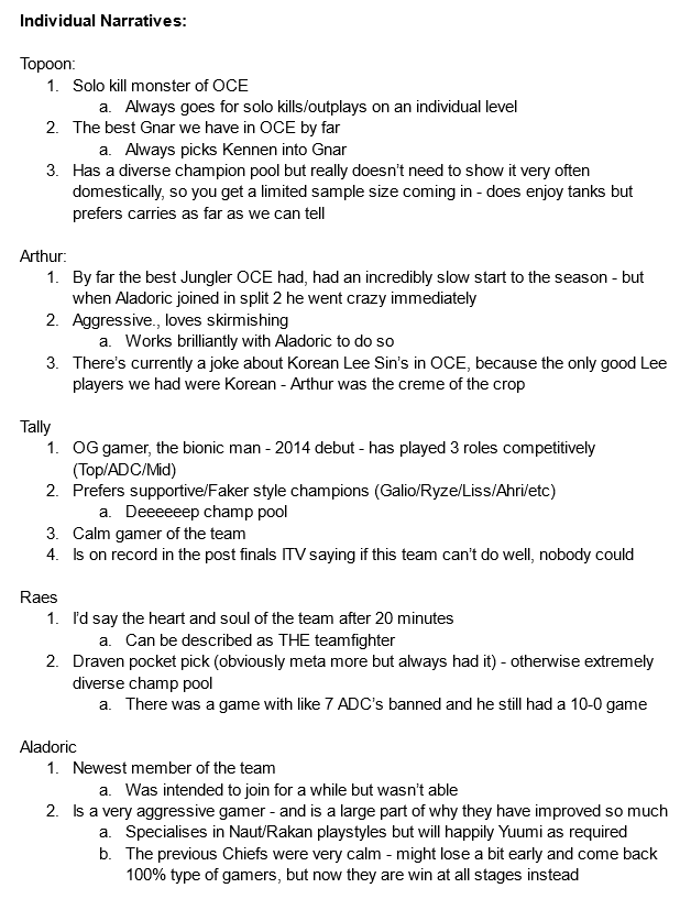 RustyLoL's tweet photo. I originally threw this document together very briefly as a cheat sheet for anyone, casters or otherwise, who reached out to me to ask about The Chiefs at Worlds -

But I've decided I will post it here as well, so if I've missed anything or you want to add contribute - you can. https://t.co/g7yOLfBhaB
