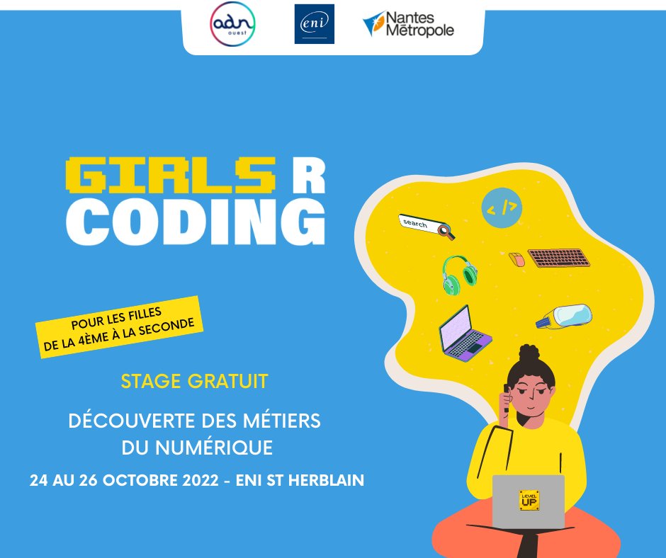 ENIEcoleInforma's tweet image. On organise avec @adnouest la prochaine édition de #GirlsRcoding !

📅 du 24 au 26 octobre 2022 

📍 Au Campus ENI Ecole

👩‍💻 Pour les collégiennes et lycéennes, de la 4e à la 2nd

🎫 Stage gratuit, sur inscription : lnkd.in/enAh9KxC

 #ateliers #ENI  #gratuit
