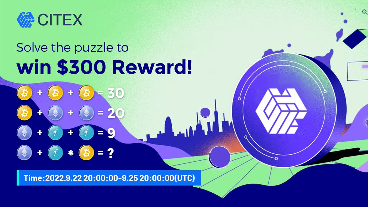 Citexofficial's tweet photo. Solve the puzzle &amp; Leave your answer in comment.
Pick 5 lucky winners will each receive $500TI  !

1. Follow @ CITEXofficial 
2. RT&amp;Tag 3 friends 
3.Register: https://t.co/Tm3Itah8qi
@Citexofficial https://t.co/dfUtcUsnQy
