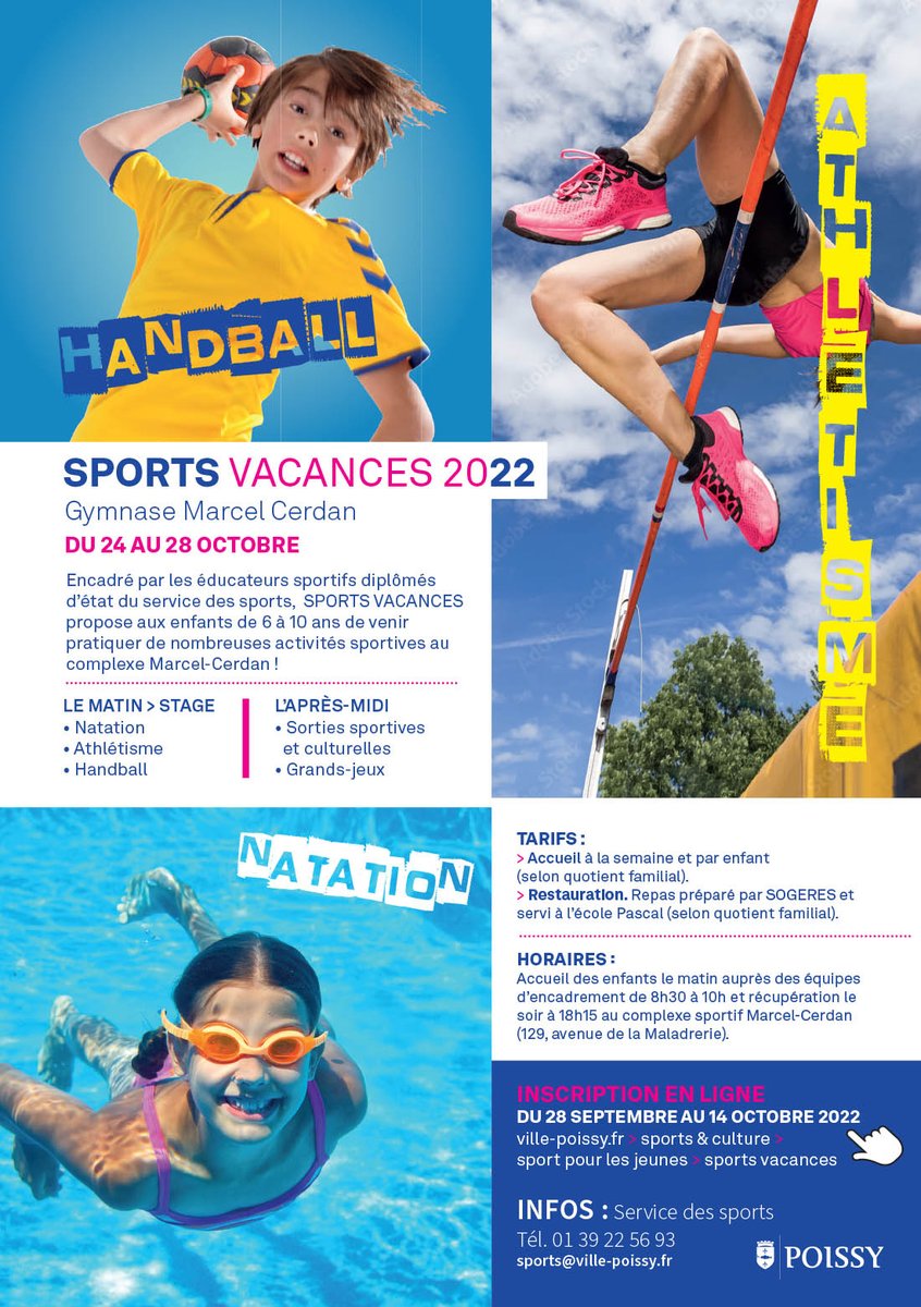 villepoissy's tweet image. #Vacances Les inscriptions pour le dispositif "Sports Vacances" à destination des 6-10 ans débutent le mercredi 28 septembre auprès du service des sports. Au programme, natation, handball, athlétisme, grands jeux, sorties culturelles... ✅