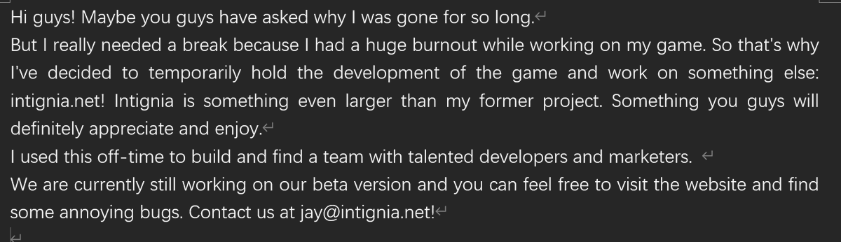 PotatoCoding's tweet image. Visit intignia.net and give feedback on jay@intignia.net! (I had to take a picture cuz the twitter post was too long lol). 
#gamedev #indiegamedev #webdevelopers #Developer #burnout #programming #programmer #intignia