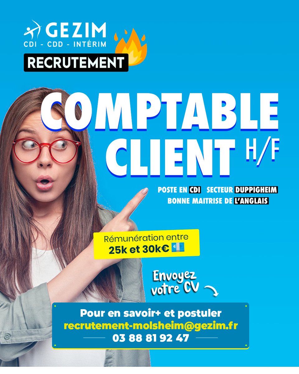 GezimInterim's tweet photo. GEZIM Molsheim Recrute ✅
Qui ? Un 𝐂𝐎𝐌𝐏𝐓𝐀𝐁𝐋𝐄 𝐂𝐋𝐈𝐄𝐍𝐓 𝐇/𝐅
Poste à pourvoir en CDI sur 𝐃𝐔𝐏𝐏𝐈𝐆𝐇𝐄𝐈𝐌 🔥

Postulez dès maintenant ➡️ https://t.co/59BPqQ1dk3

#emploi #job #travail #recrutement #cdi #cdd #alsace https://t.co/1hpPLaK3C9