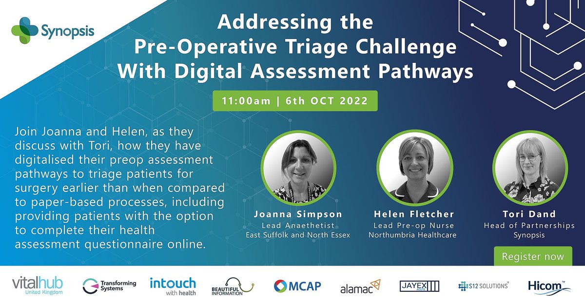 Patient Flow Transformation Webinar Series 

<a href="/Synopsis_Health/">Synopsis</a> | Addressing the Pre-op Triage Challenge with Digital Assessment Pathways

Date: 6th Oct at 11.00am
Register: lnkd.in/eR8py78U

#patientflow #outpatients #backlog #NHS #preop #perioperative
