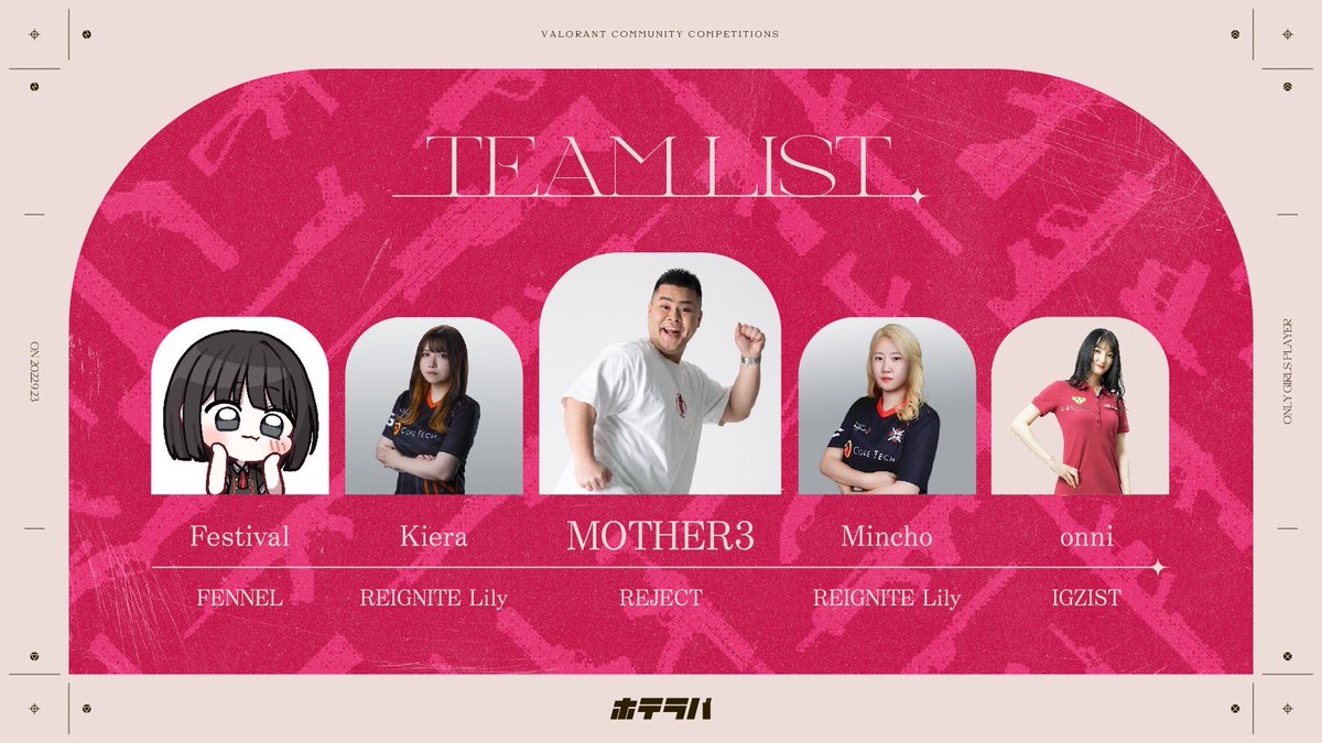 FFL_VALORANT's tweet photo. 【 #FFLVALORANT Girls 参加チーム紹介①】
『MOTHER3チーム』
RC MOTHER3 (@mother3rrd)
FL Festival (@festivalvlrt)
RIG Kiera (@K3_uwu)
RIG Mincho(@M3_XwX)
IGZ onni(@onni_cha_n)
🗓日時:9/23 (金)19:00START
🔗 https://t.co/oYYtFDcmXl https://t.co/YMqBW1H2xt