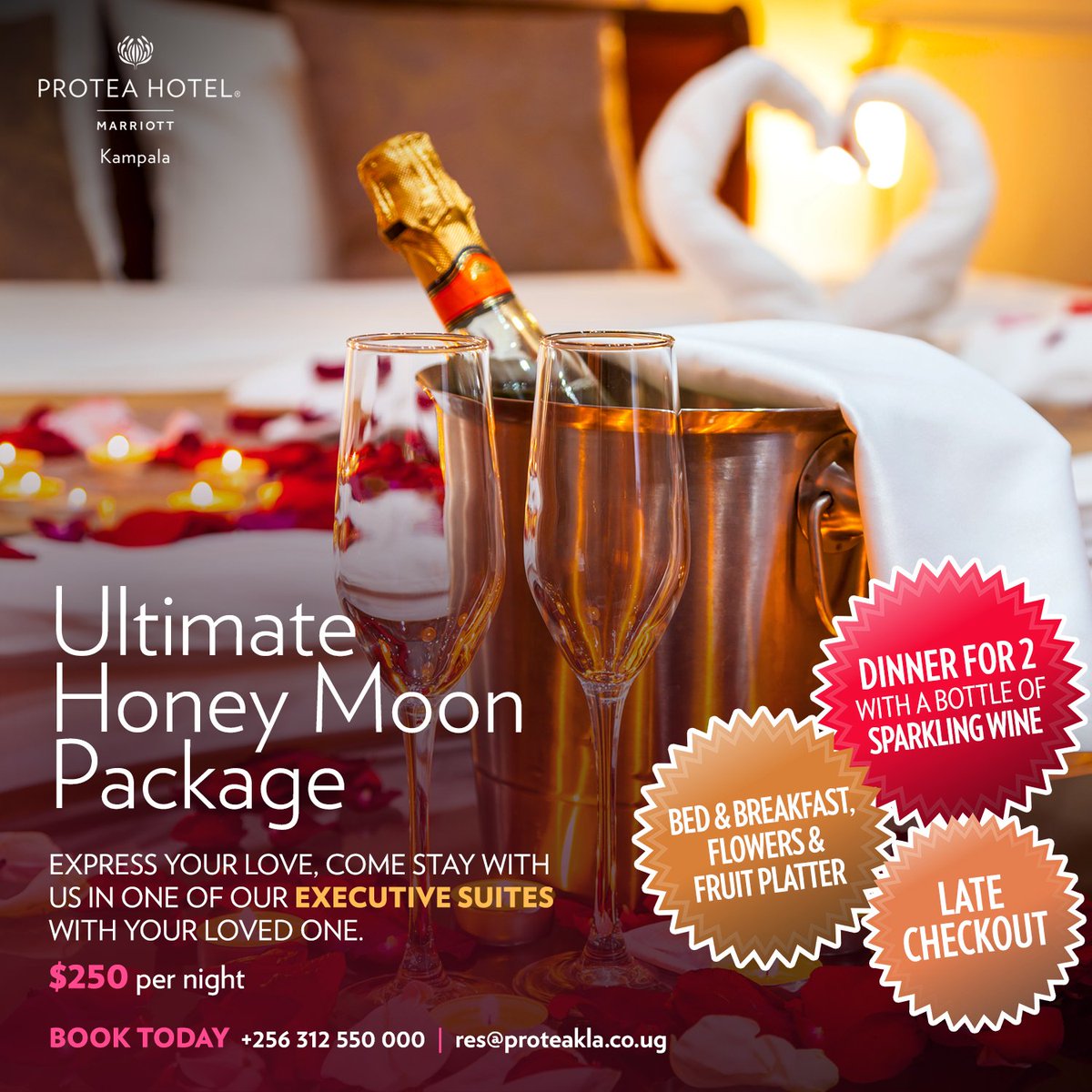 Express your love with a magical honeymoon stay at #ProteaKampala. Book an executive suite at $250 per night

Enjoy;
- Dinner for 2 with sparkling wine
- Bed & breakfast with flowers & a fruit platter

For more information, call 0312550000

#HoneymoonPackage #MarriottHotels