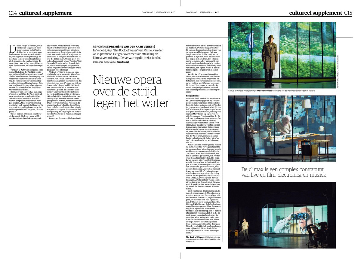 Nice report in @nrccultuur today about this week's premiere of “The Book of Water” at @la_Biennale nrc.nl/nieuws/2022/09…