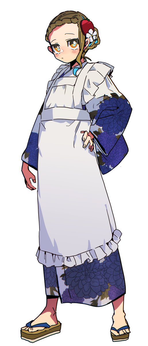 1girl solo apron white background japanese clothes kimono brown hair  illustration images