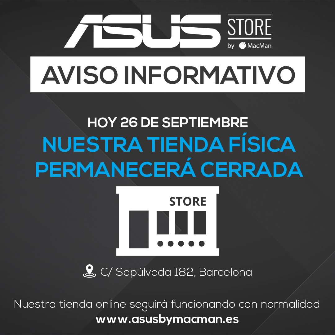 ASUSbyMacMan's tweet photo. 🔴Hoy 26 de Septiembre nuestra tienda física permanecerá cerrada. Nos podrás encontrar en nuestra tienda online que seguirá funcionando con normalidad
➡️ https://t.co/CyyCbdN91H
#AsusStore #MacMan #Festivo #FestivoLocal https://t.co/o32i13nHeM