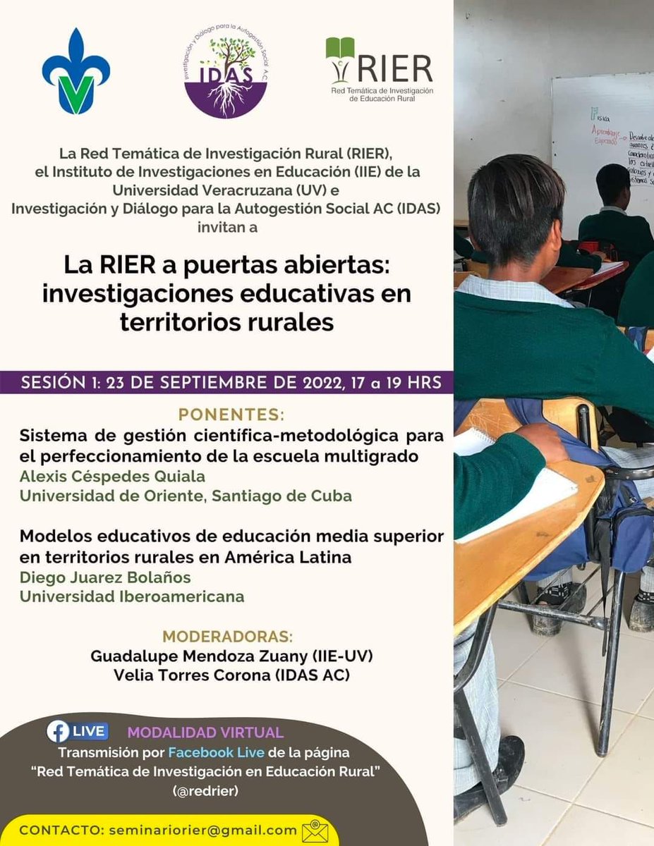 RevistaAula's tweet photo. A partir de este viernes 23 de septiembre la #RIER te invita a su seminario mensual; con el objetivo de construir un diálogo colectivo y redes de colaboración en torno a la educación en territorios rurales.
👉 Por Facebook Live. https://t.co/JkBtDkwGBa