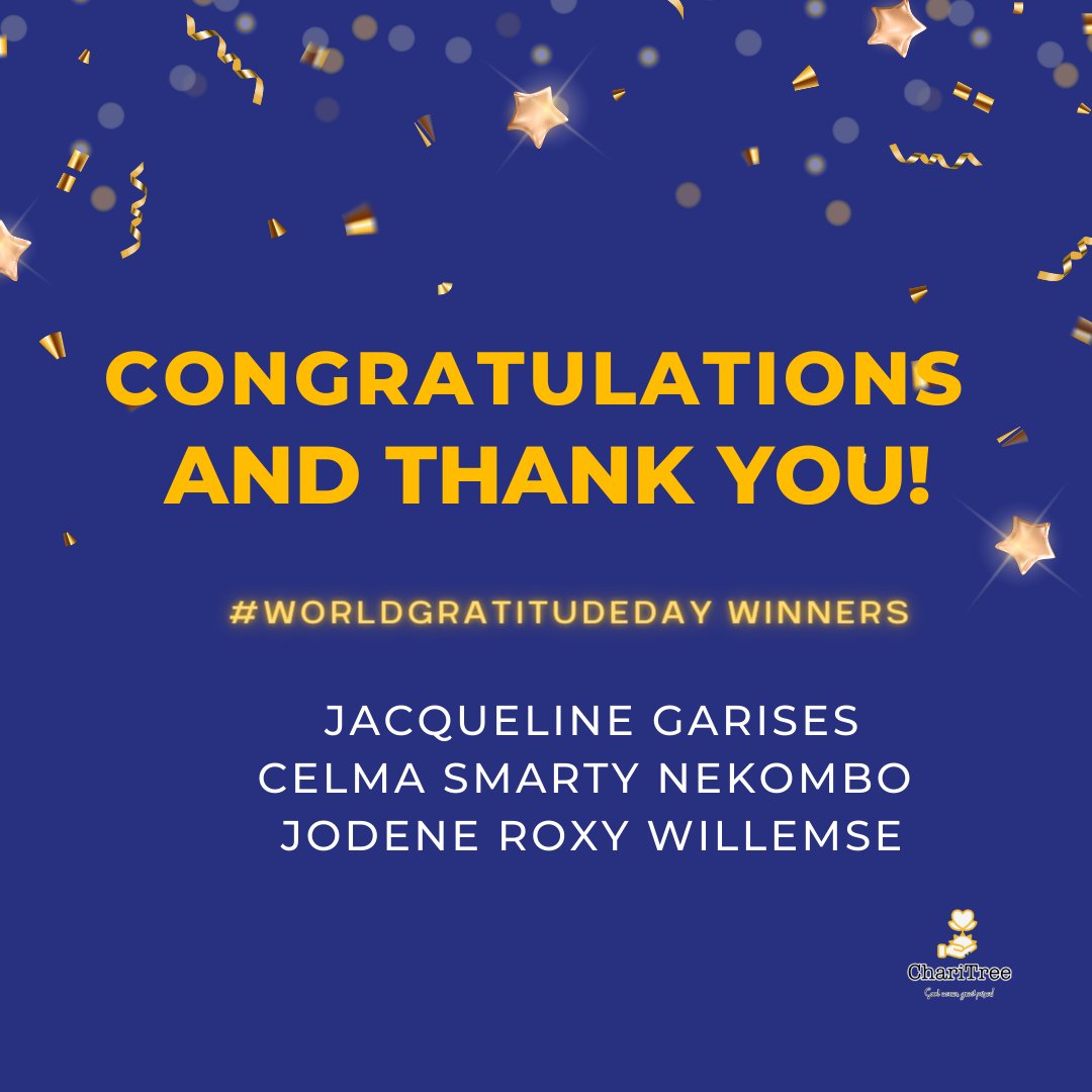 ChariTreeNam's tweet photo. The winners of the world gratitude day competition each receive a ticket to the final draw (worth N$500) of a luxury home worth 2,7mill or 2 mill cash. 

Congrats to:
Jacqueline Garises 
Celma Nekombo
Jodene Willemse

Visit https://t.co/E9jB3m64VK to buy your ticket. https://t.co/k2O09gL1i1