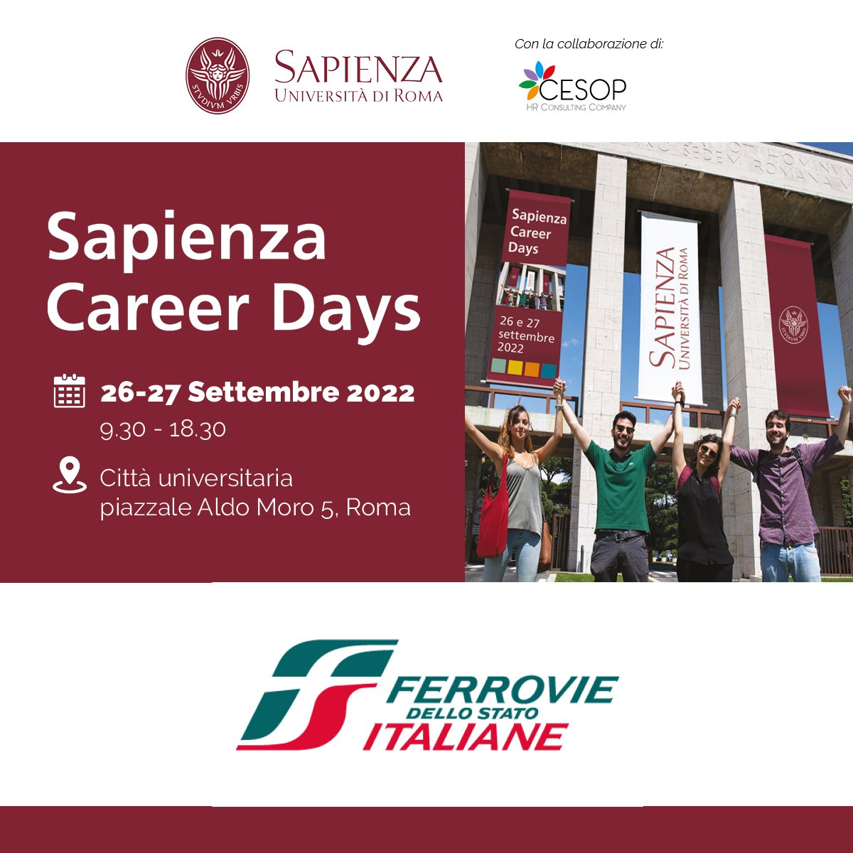 fsitaliane's tweet photo. Il #GruppoFS partecipa ai #SapienzaCareerDays del 26 e 27 settembre. Due giornate dedicate all'incontro tra domanda e offerta di lavoro tra istituzioni, università, imprese, studenti e laureati. https://t.co/KwBpaYmv2k #FSHR https://t.co/2ht0aLvyKw