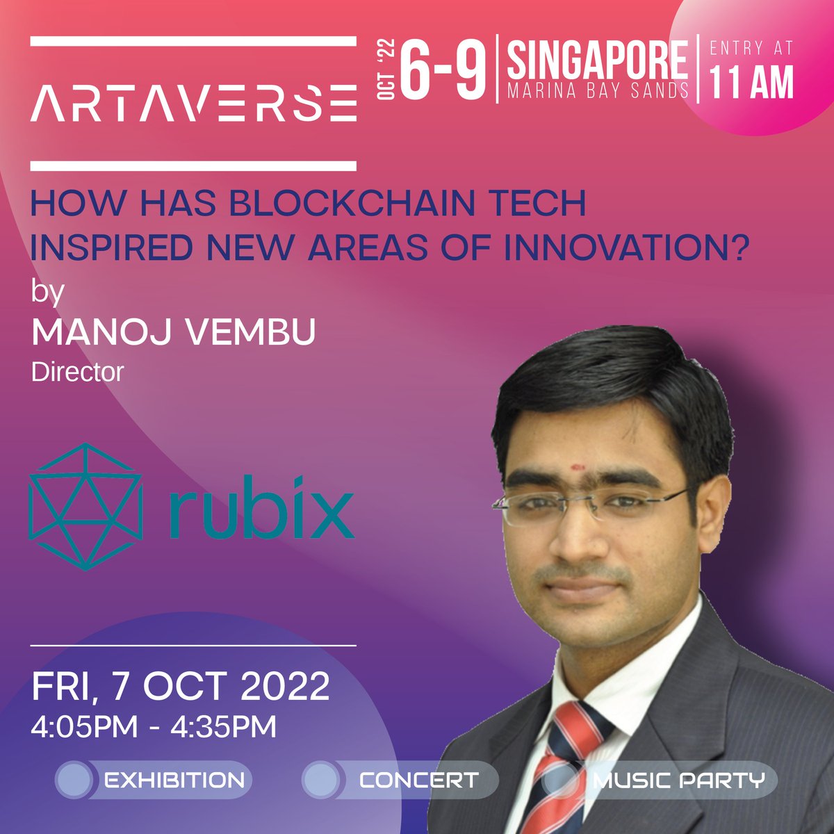 Rubix Chain is leading the Web3 transformation and beyond.

We're excited to welcome Manoj Vembu, Director of <a href="/RubixChain/">Rubix</a> , to ARTAVERSE's seminar!