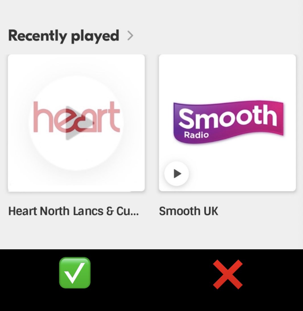 TGIFrigays's tweet photo. @ukradioplayer Use your app all day every day, so grateful, thank you; just wish the play buttons were bigger 😃 They’re so small that it feels unresponsive. How about something like this: https://t.co/I7TwX5Typm