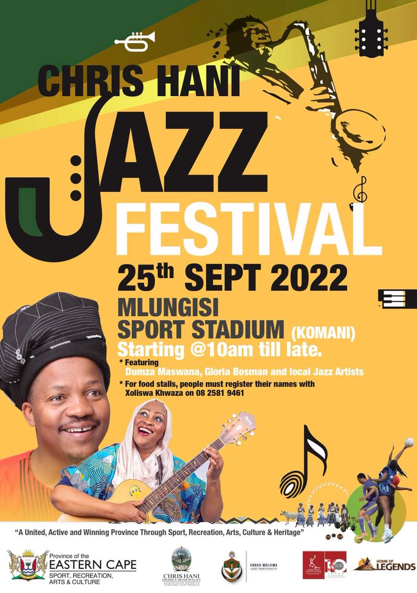 ChrisHaniDM's tweet photo. The Chris Hani Jazz Festival is back!
Join us at Mlungisi Stadium this Sunday, 25 September 2022! Gates Open @ 10:00am till late!
#CHDMAtWork
#SolomonLinda
#HeritageMonth https://t.co/ouwXi3O8MX