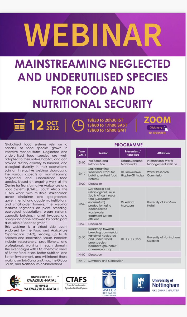 MAINSTREAMING NEGLECTED AND UNDERUTILISED SPECIES FOR FOOD AND NUTRITIONAL SECURITY

Click on the link to register 

ukzn.zoom.us/meeting/regist…