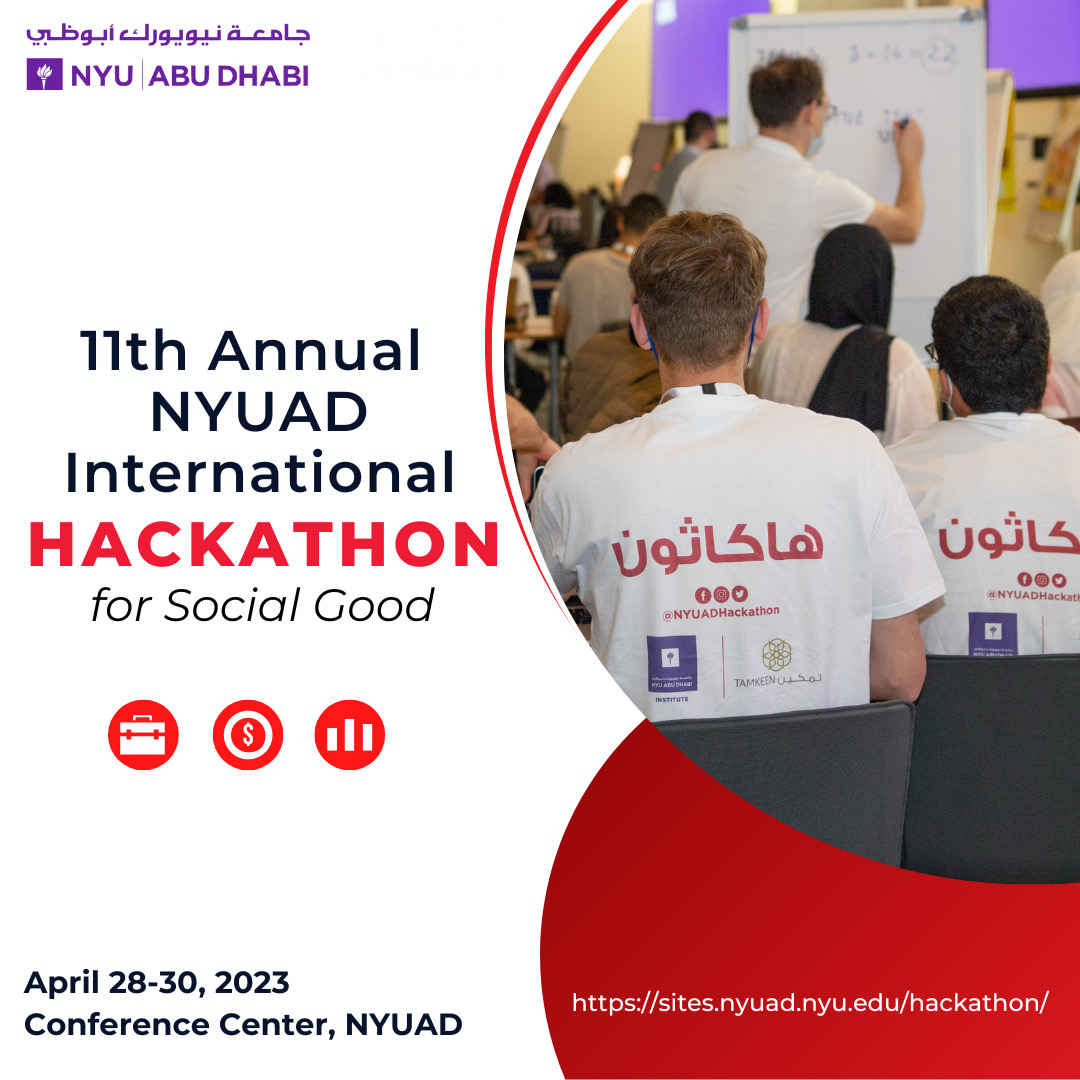 NYUADHackathon's tweet photo. We are excited to be back for the 11th annual @NYUADHackathon for social good. The event will be held at NYUAD from April 28, 2023, to April 30, 2023. Make sure to access our website to nominate your top students or nominate yourselves as mentors. https://t.co/50xuaC3JIF https://t.co/UAMq3qyotP