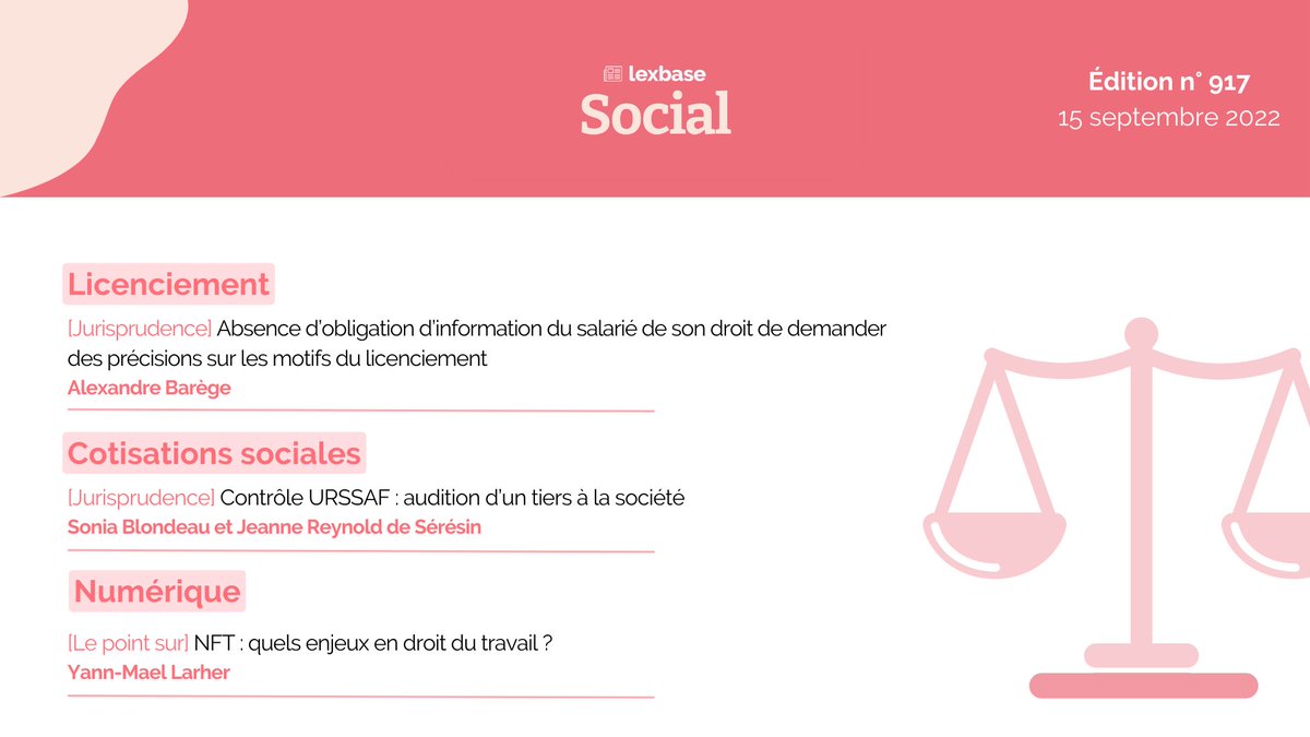 Lexbase Social (@lexbasesocial) on Twitter photo 🖥 À la une de la revue <a href="/LexbaseSocial/">Lexbase Social</a> n° 917 !
👉A lire ici : bit.ly/3UvAPFR
Bonne lecture ! 🖥 À la une de la revue <a href="/LexbaseSocial/">Lexbase Social</a> n° 917 !
👉A lire ici : bit.ly/3UvAPFR
Bonne lecture !