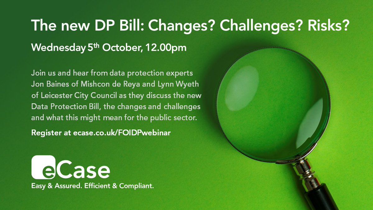 eCase4gov's tweet photo. Register now to join us as @LynnFOI &amp; Jon Baines discuss the new DP Bill, the changes &amp; what they might mean for #DataProtection #InformationGovernance practitioners &amp; #DataProtectionOfficers in the public sector. Register https://t.co/RLcGyNMwSv https://t.co/ci3VaIjTeK