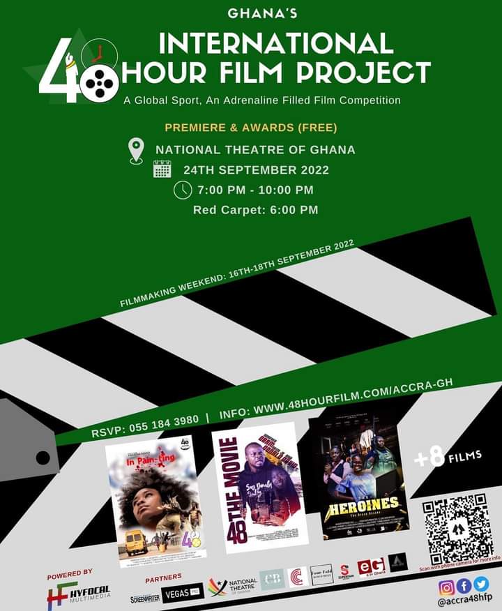 11 films to premiere, 14 awards, one night! Saturday 24th september 2022

Come see all the amazing films written, shot, edited and submitted within 48 hours 

<a href="/Accra48HFP/">Accra 48 Hour Film Project</a>