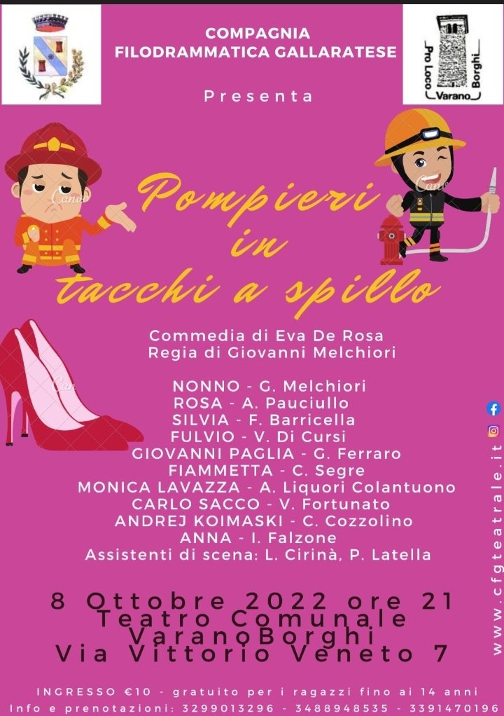 CFGTeatrale's tweet photo. 🎭🎭 Bellissima rassegna organizzata dalla PRO LOCO di Varano Borghi🎭🎭

Ci siamo anche noi con Pompieri in Tacchi a spillo di @evaderosa1 regia G. Melchiori.

📌📌 8-10-2022 Non mancate 📌📌

#teatro #teatroamatoriale #fitalombardia #prolocovaranoborgi
#varanoborghi https://t.co/BZEfpI6hPI