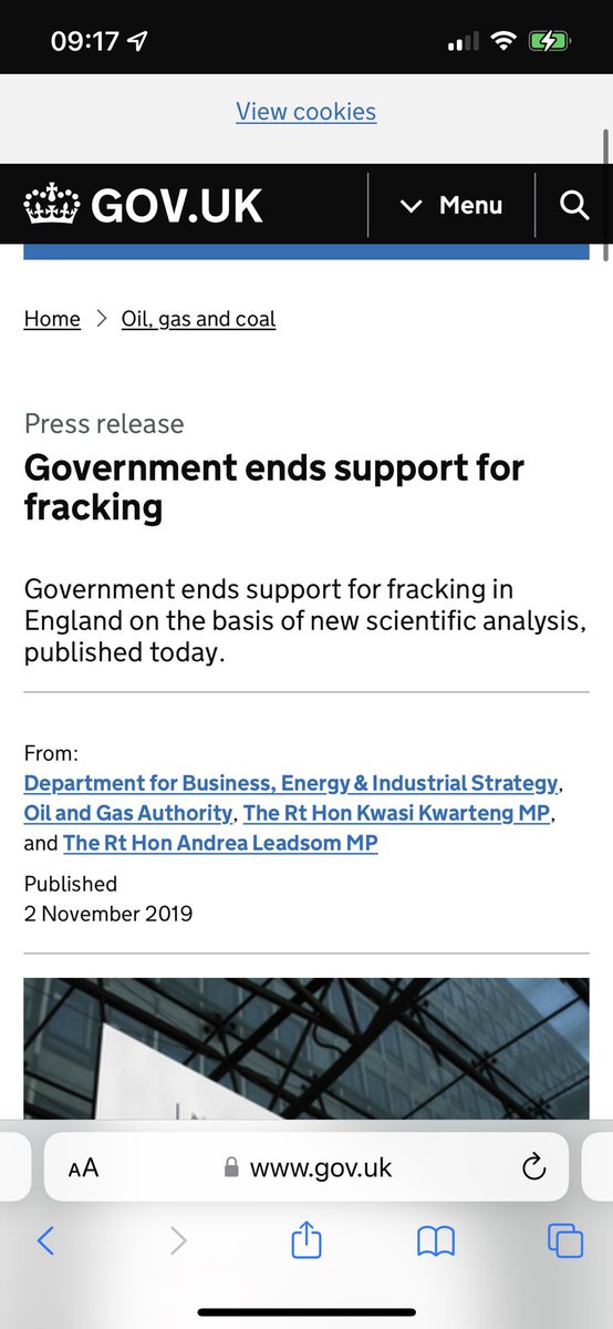 lewis_goodall's tweet photo. Government confirms it is lifting the moratorium on fracking in England, in response to the energy crisis. This is what the then Secretary of State Andrea Leadsom said in 2019 when she imposed the ban. https://t.co/MXgByPw7eC