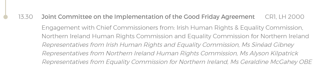 We are looking forward later this afternoon to addressing the @OireachtasNews Committee on the Implementation of the #GoodFridayAgreement. Our three Chief Commissioners will be speaking on behalf of @_IHREC @NIHRC and @EqualityCommNI on #HumanRights and #Equality concerns