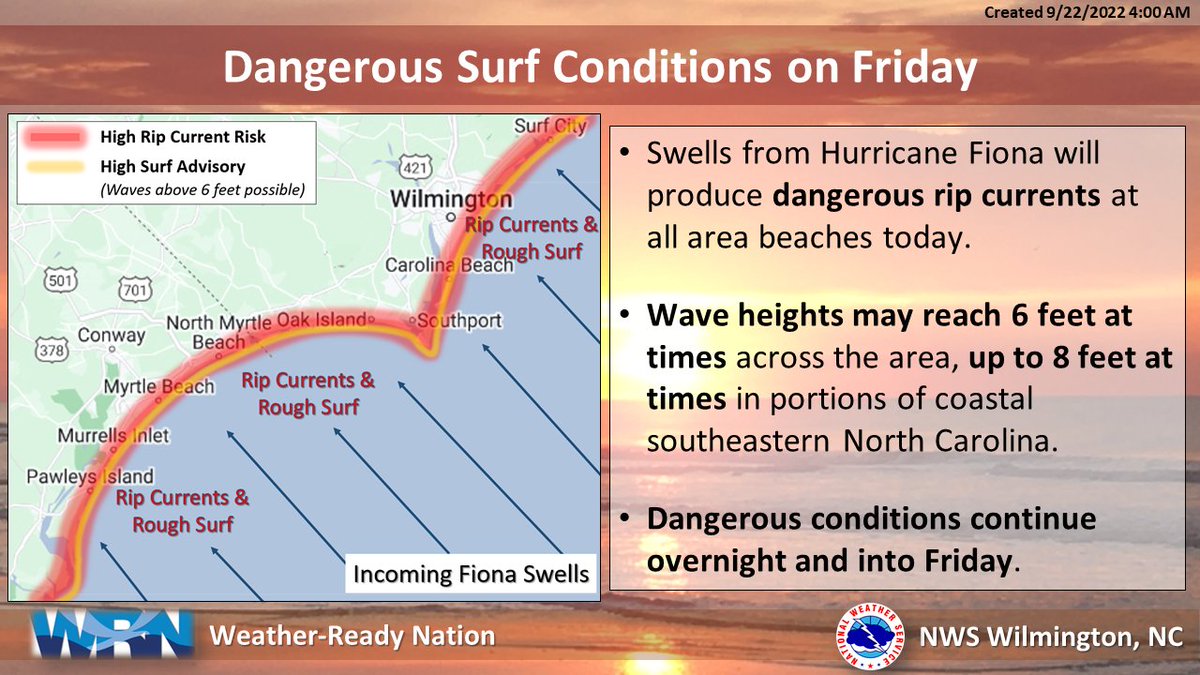 NWSWilmingtonNC's tweet photo. Swells from Hurricane #Fiona will bring dangerous rip currents and rough surf today. If you are not a strong swimmer, considering staying out of the water and always have flotation! #ncwx #scwx https://t.co/wA8rnyURWH