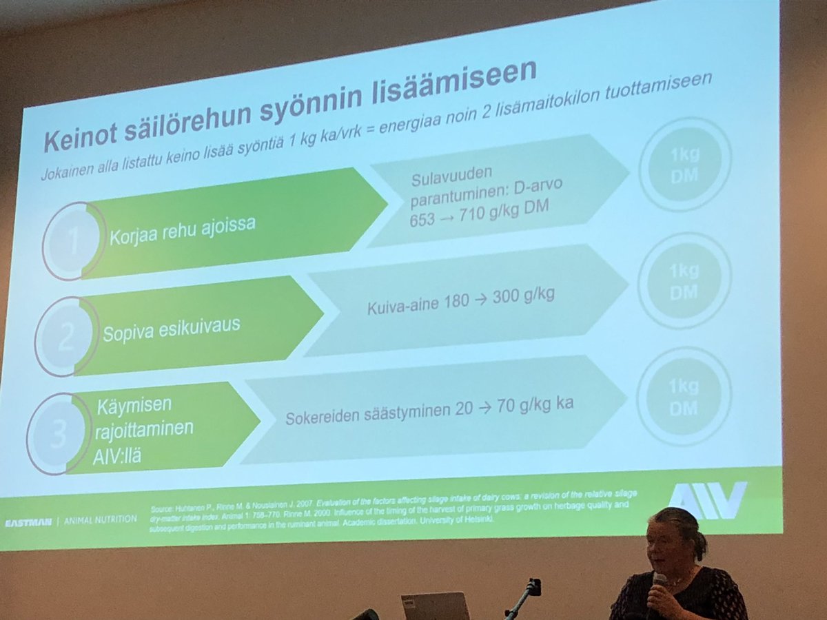 Arja Seppälä Eastman säilörehun syöntiin vaikuttavat: D-arvo, ka ja säilönnän käymisen rajoittamin. Yksin käymisen rajoittaminen vastaa lypsylehmien ruokinnassa 1kg rypsirouhetta/pv! ’Rajoittaminen on rakkautta’  #Nurmiseminaari2022