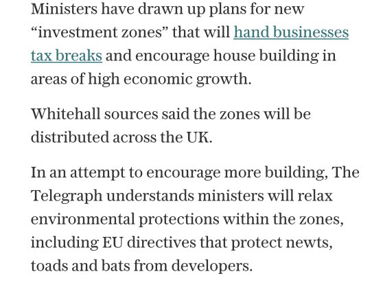 guyshrubsole's tweet photo. Come to live in one of the Government’s new Investment Zones - where bats will be killed, toads squashed, newts obliterated, and shit poured into rivers in ever greater quantities!

https://t.co/xG2j3zFap6 https://t.co/iyhWqbIpFL
