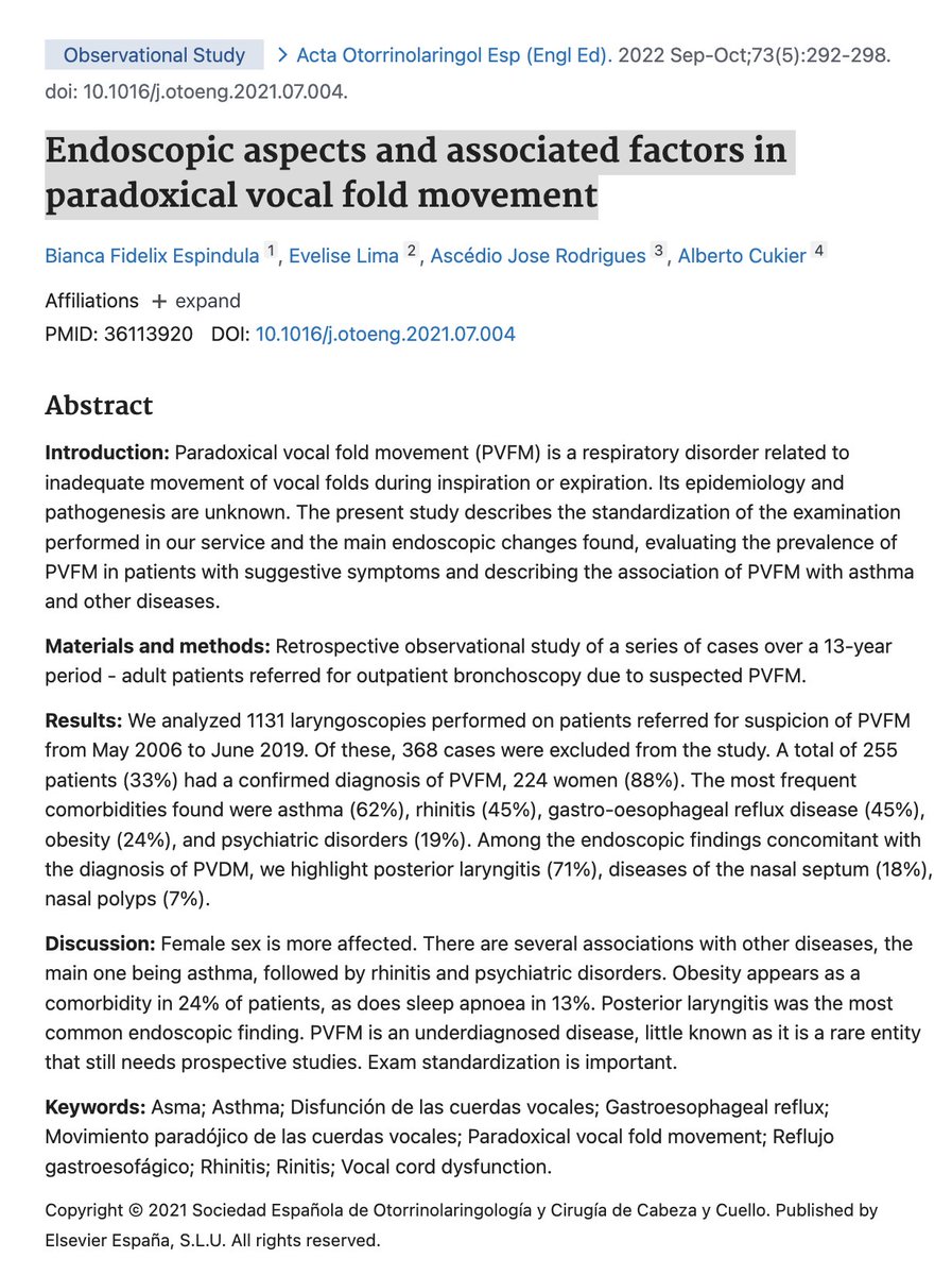 Phoniatrics13's tweet photo. Endoscopic aspects and associated factors in paradoxical vocal fold movement.

https://t.co/SGB68m1lbq

@ORLHNSKSU 
@SaudiSocietyORL 
@UEPphoniatrics https://t.co/EnElmbF8om