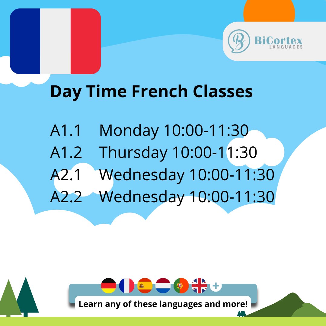 BicortexL's tweet photo. Are you looking for Beginner FRENCH lessons? 🇫🇷

Get 𝟏𝟐 𝐱 𝟗𝟎 minute group classes
&amp; a one-time 𝟔𝟎 minute private class.

Our 𝟭𝟮-𝘄𝗲𝗲𝗸 𝗰𝗼𝘂𝗿𝘀𝗲 is only 189€!

𝗔𝗽𝗽𝗹𝘆 𝘁𝗼 online@bicortexlanguages.com 😃

#bicortexlanguages #frenchlanguagecourse https://t.co/GCEKISjogi