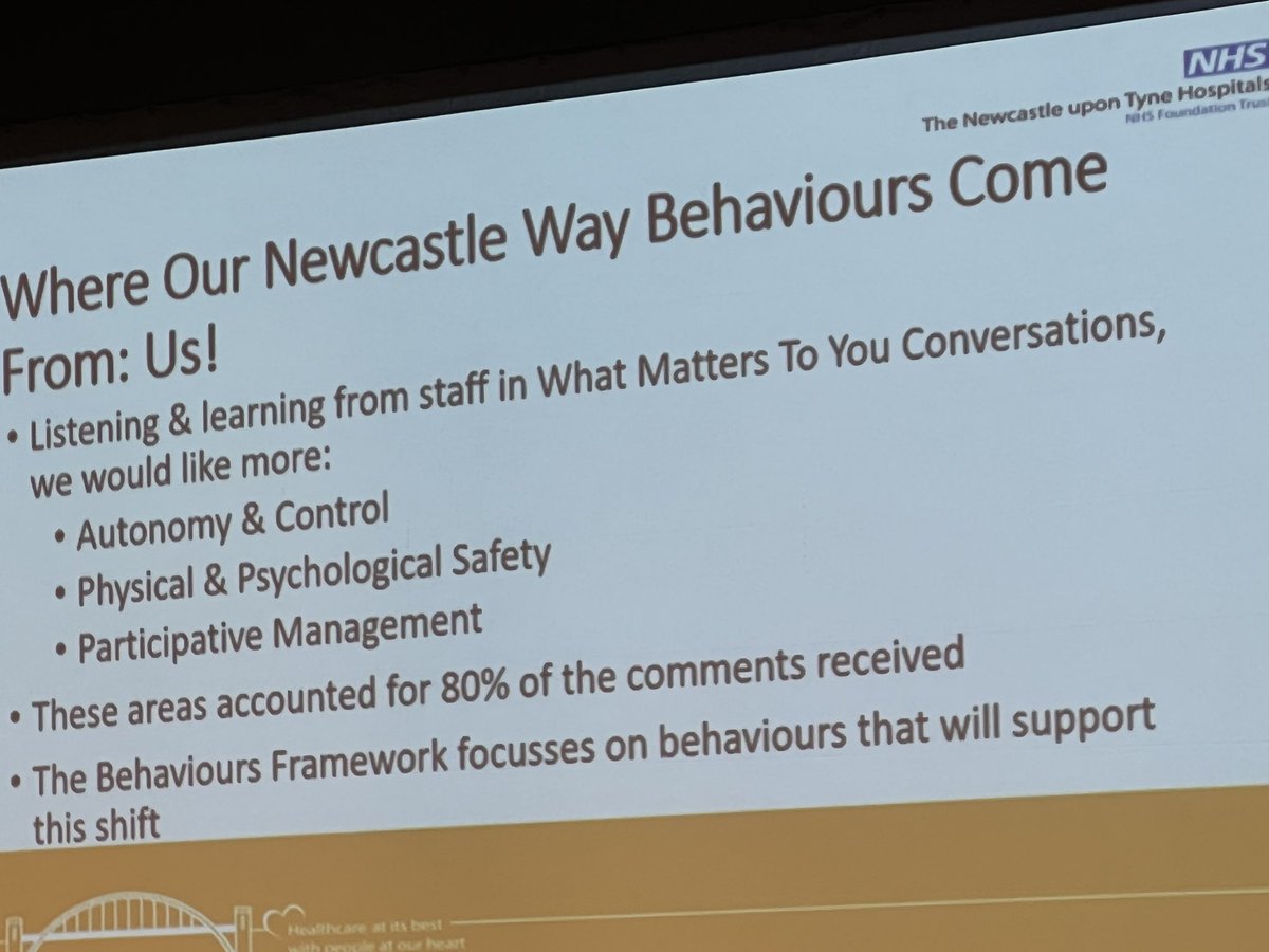 Newcastle Hospitals created a “ Newcastle Way” behaviours framework. 80% of their people said they wanted more focus on: 1) autonomy & control 2) physical & psychological safety & 3) participative management. That’s the focus of the Leadership Matters event today #LeadershipNewc