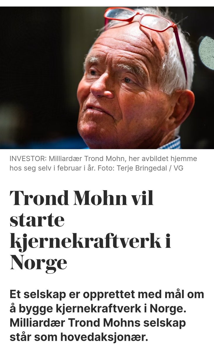 Da var det jaggu offentlig! Norsk Kjernekraft AS er et faktum! 
🥳🥳🥳❤️⚛️❤️🥳🥳🥳

Trond Mohn har sammen med flere andre begynt å rulle ballen i retning av norsk kjernekraft.

Og tidshorisonten; knappe ti til femten år for å ha flere SMR på plass i Norge!