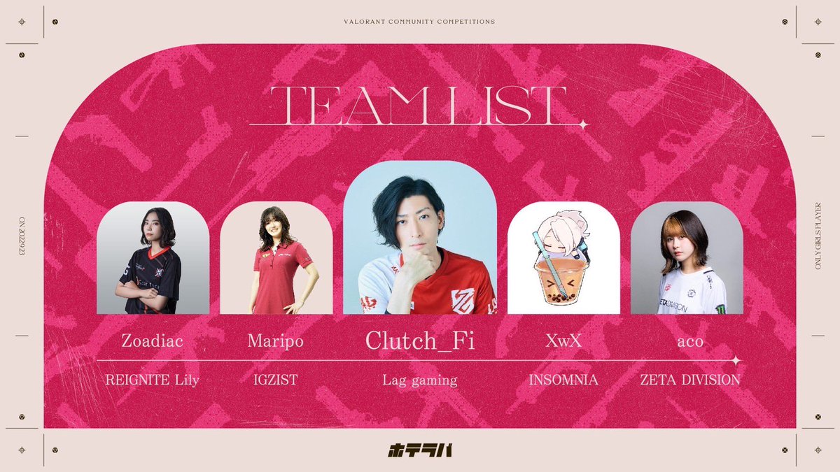 FFL_VALORANT's tweet photo. 【 #FFLVALORANT Girls 参加チーム紹介②】
『Clutchチーム』
LAG Clutch(@Clutch_Fi)
RIG Zodiac(@L3_QwQ)
IGZ Maripo(@0a0mrpvv)
INS XwX(@Dominic_Echo
)
ZETA aco(@acomingZZ)
🗓日時:9/23 (金)19:00START
🔗 https://t.co/PiIN7usqu5 https://t.co/1v4g7NjvOx