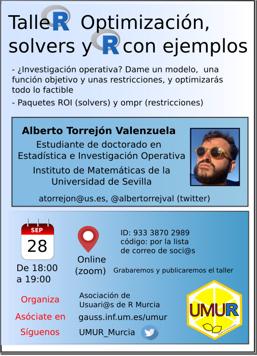 Modificación: 
La próxima semana, tenemos taller de optimización con R de la mano de <a href="/albertorrejval/">Alberto Torrejón Valenzuela</a>

 ¿Te lo vas a perder? 28 de Septiembre a las 18h por zoom, para coseguir el código de ingreso hazte soci@ rellenando una sencilla encuesta: shorturl.at/vABDM
<a href="/R_Hisp/">Comunidad R Hispano</a>