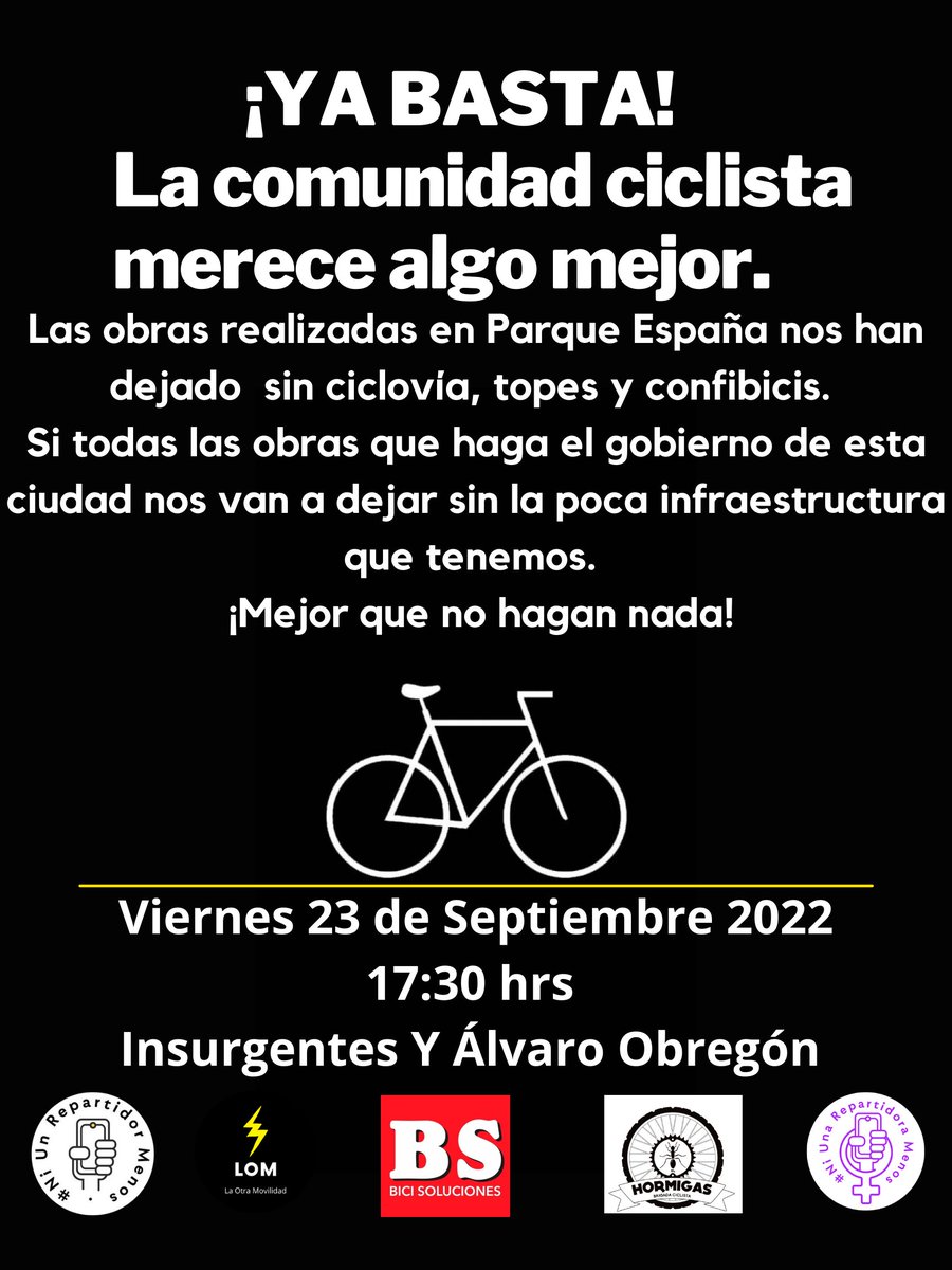 repartidorr's tweet photo. ¡YA BASTA! #Viernes23 
@PeatonDelSur @BiciSoluciones @LaOtraMovilidad @BrigadaHormigas @niunarepamenos @hzamarron @BicitlanRadio https://t.co/cdnEtOOSQC