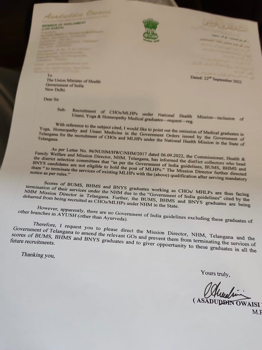 asadowaisi's tweet image. Wrote to @officeof_mm requesting him to direct the Mission Director, National Health Mission, Telangana &amp;amp; the Govt of Telangana to amend relevant GOs to prevent the termination of BUMS, BHMS &amp;amp; BNYS graduates &amp;amp; ensure that these graduates get recruitment opportunity in the future